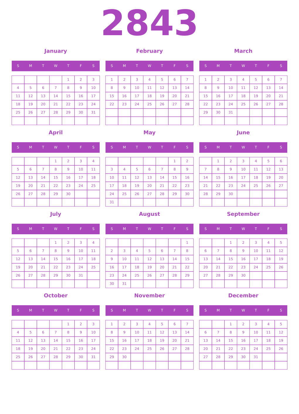 Printable 2843 Year Calendars purple