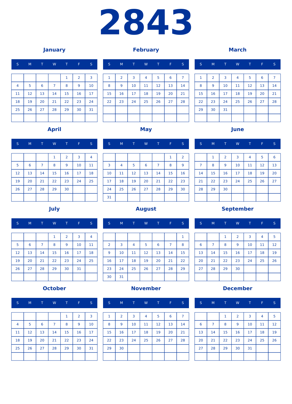 Printable 2843 Year Calendars smalt