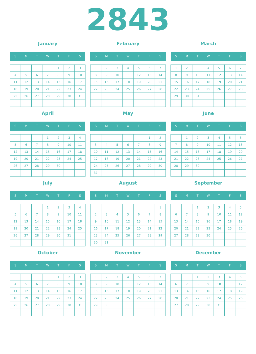 Printable 2843 Year Calendars verdigris