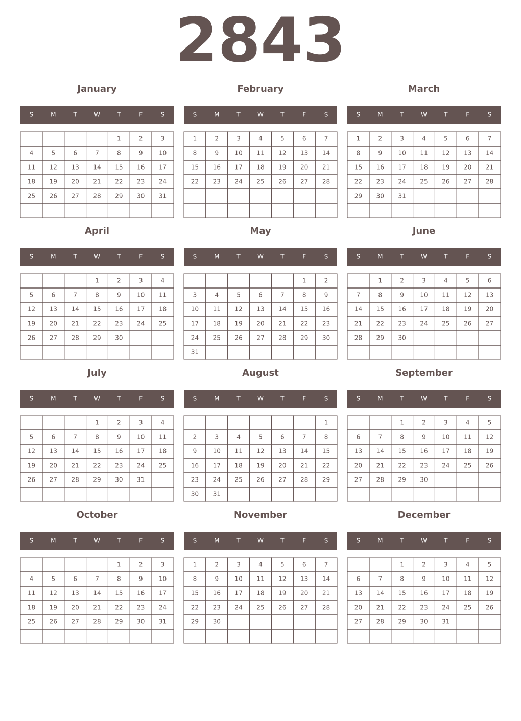 Printable 2843 Year Calendars wenge