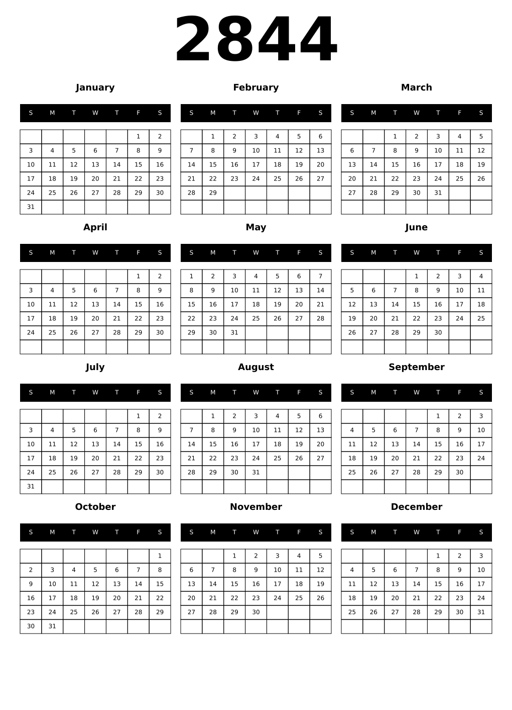 Printable 2844 Year Calendars black