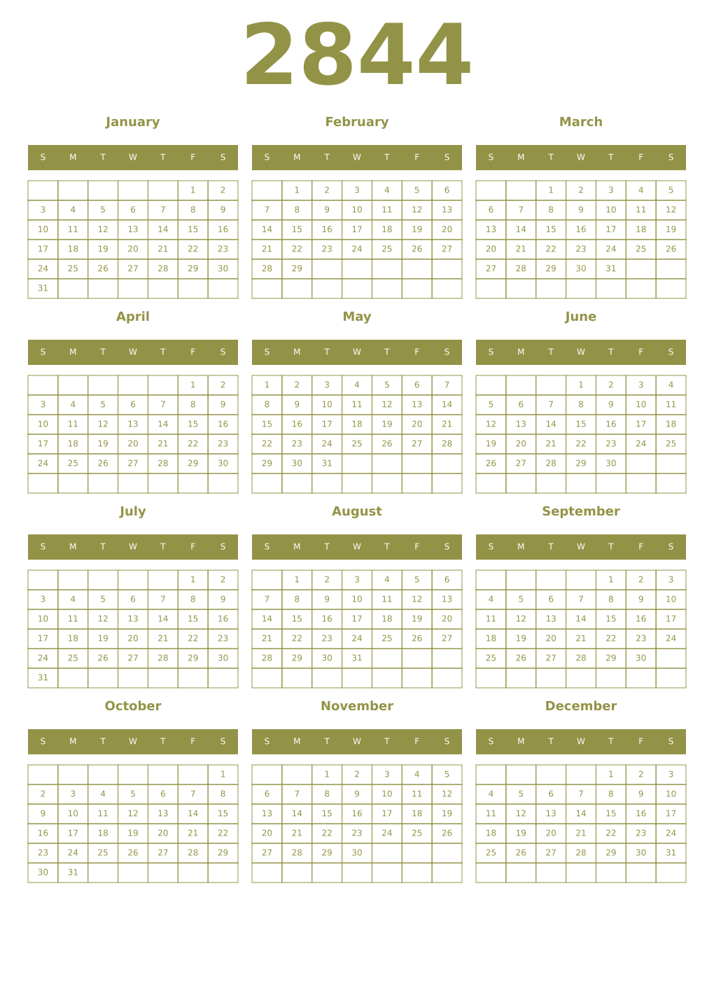 Printable 2844 Year Calendars eburnean