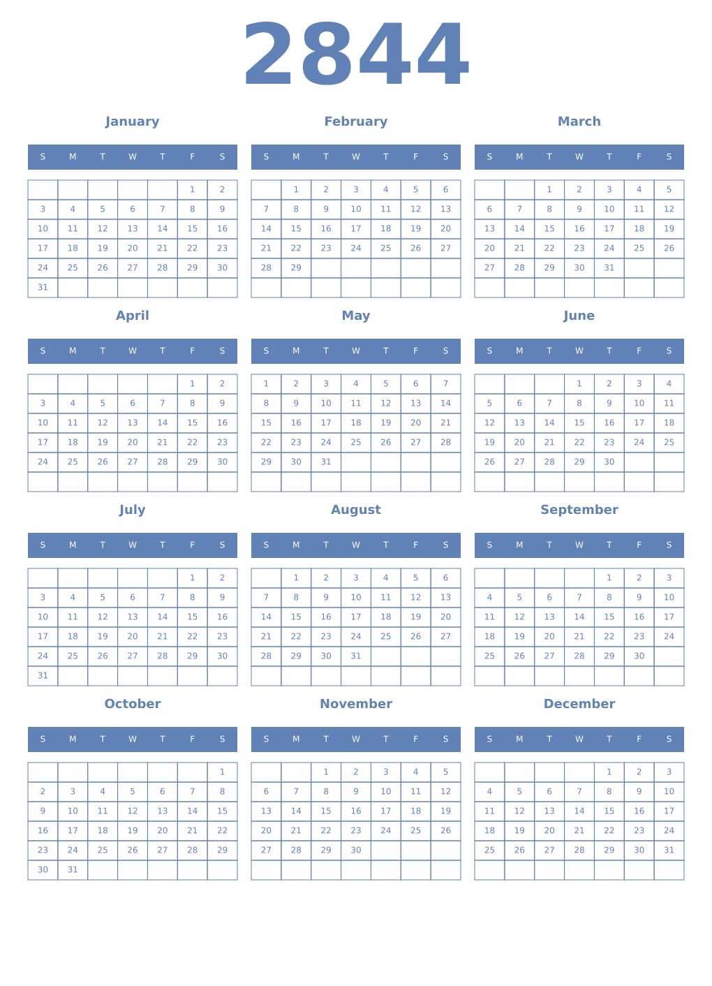Printable 2844 Year Calendars glaucous