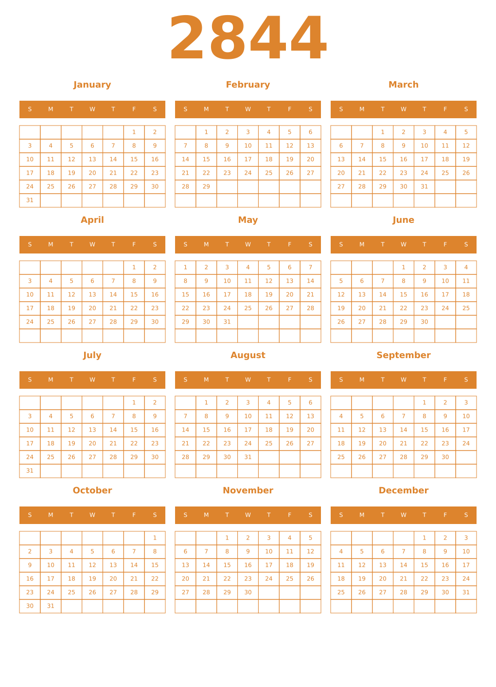 Printable 2844 Year Calendars orange