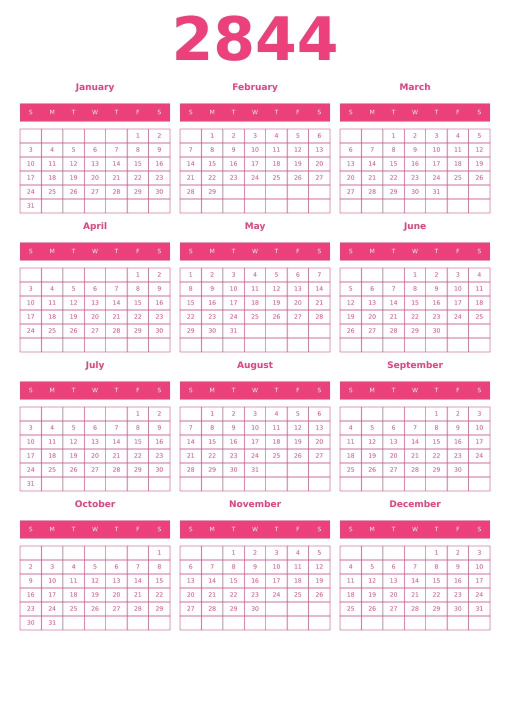 Printable 2844 Year Calendars pink