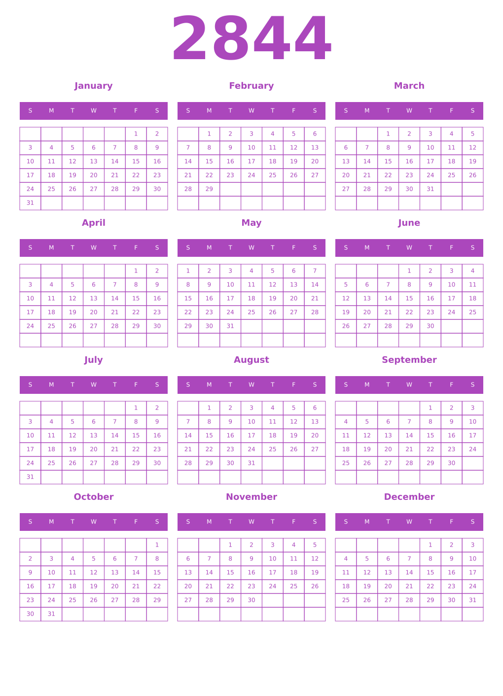 Printable 2844 Year Calendars purple