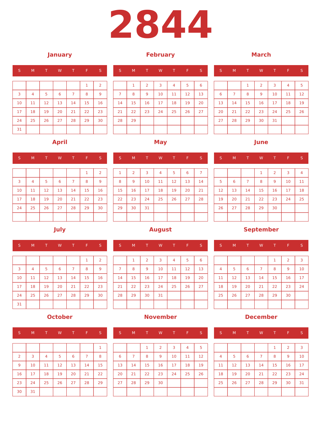 Printable 2844 Year Calendars red