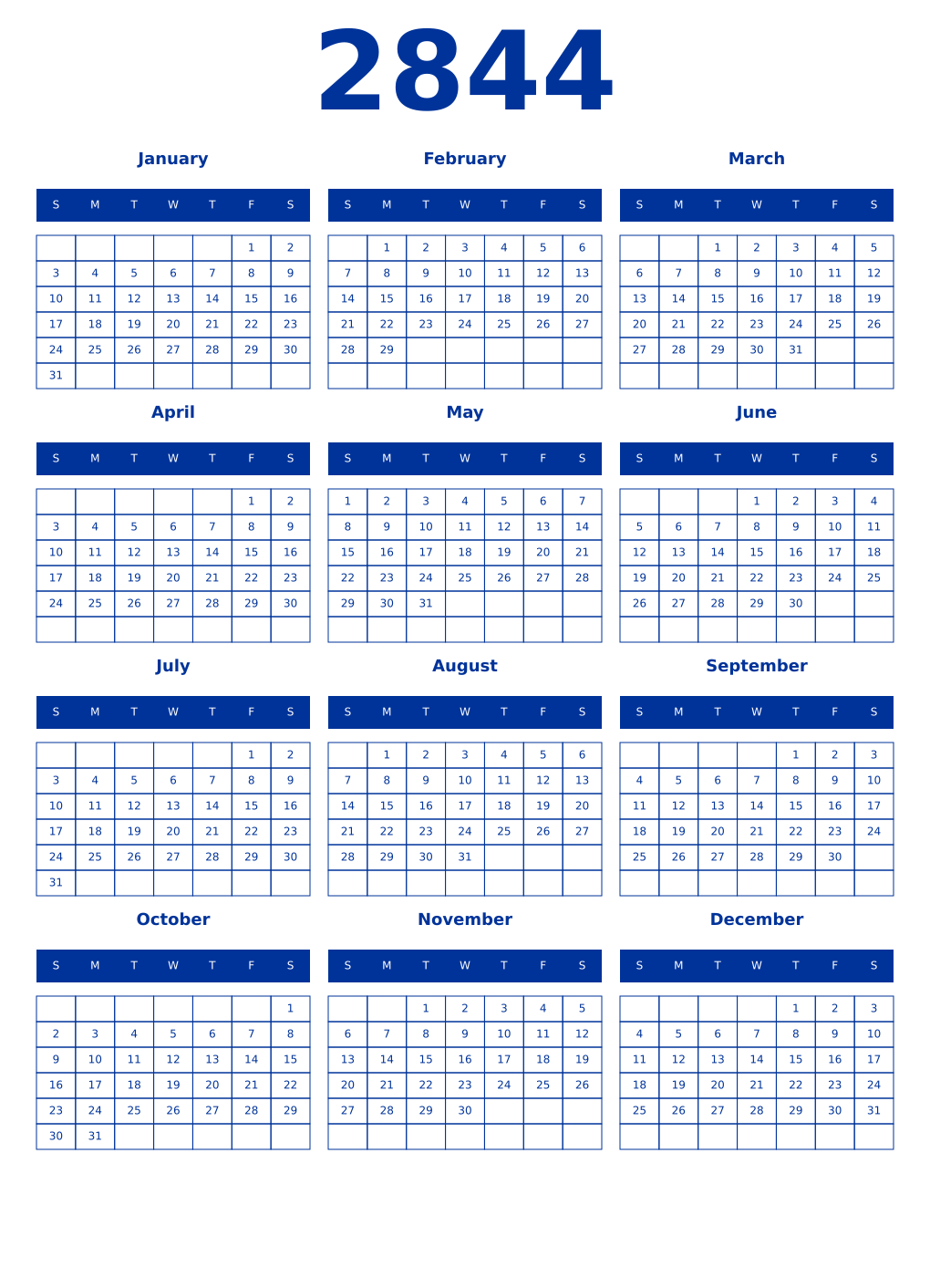 Printable 2844 Year Calendars smalt