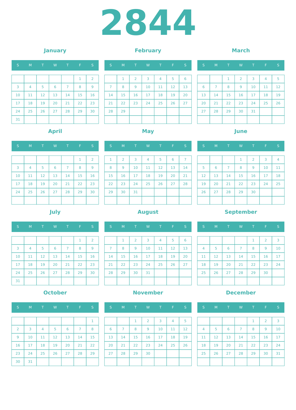Printable 2844 Year Calendars verdigris