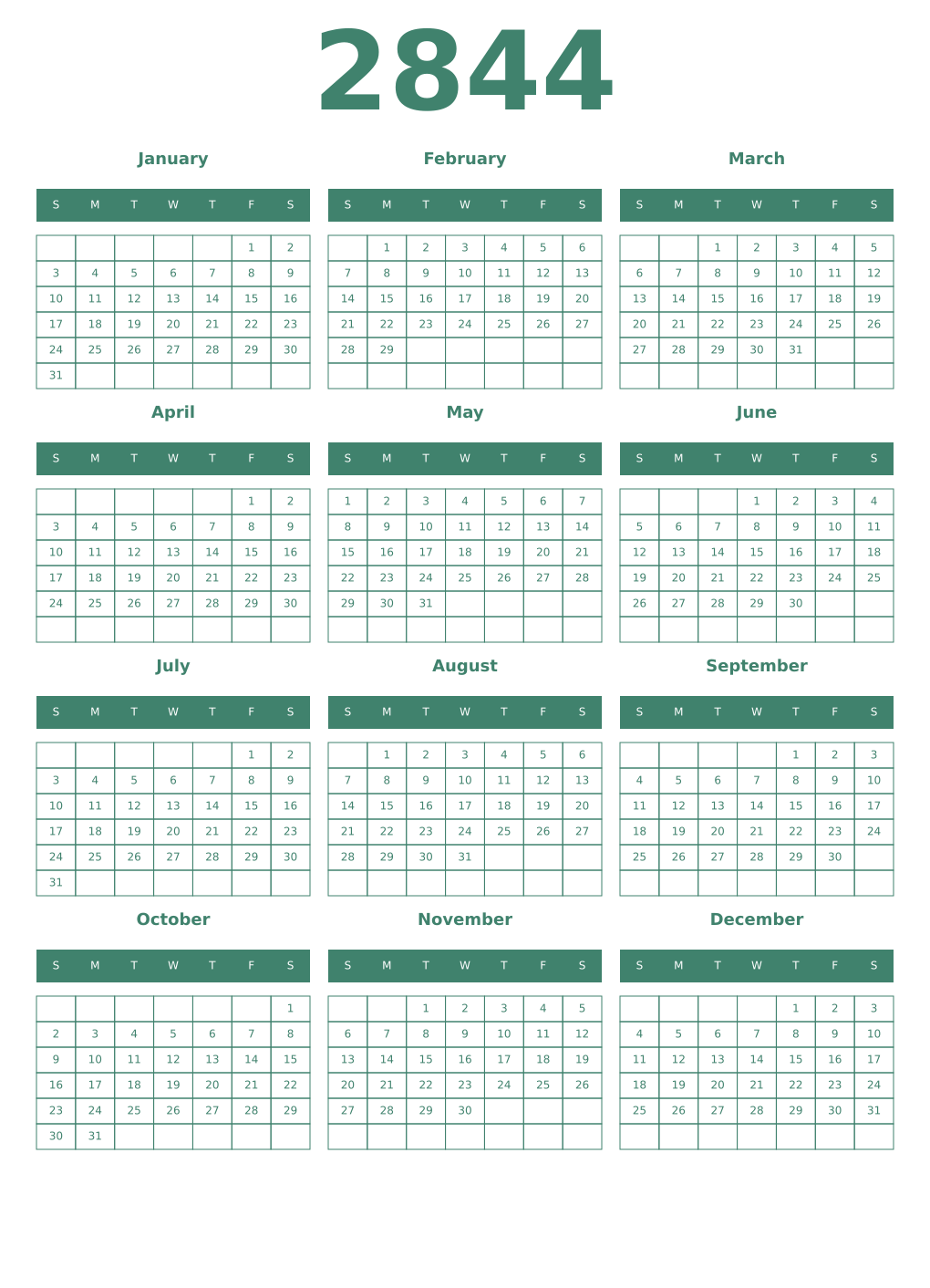 Printable 2844 Year Calendars viridian