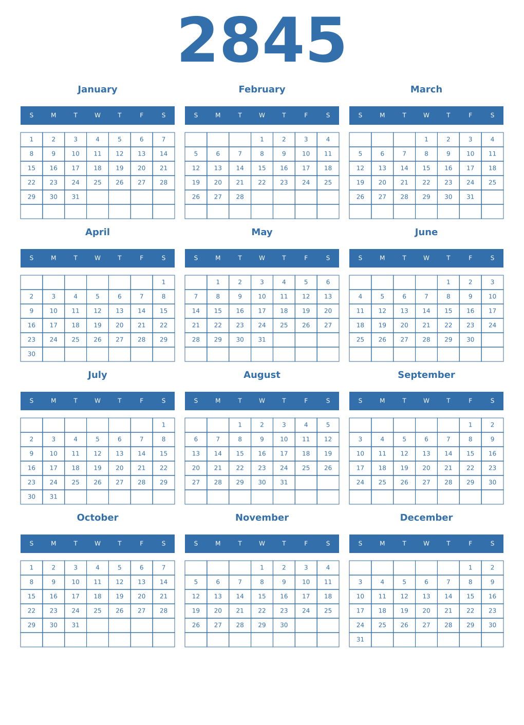 Printable 2845 Year Calendars blue