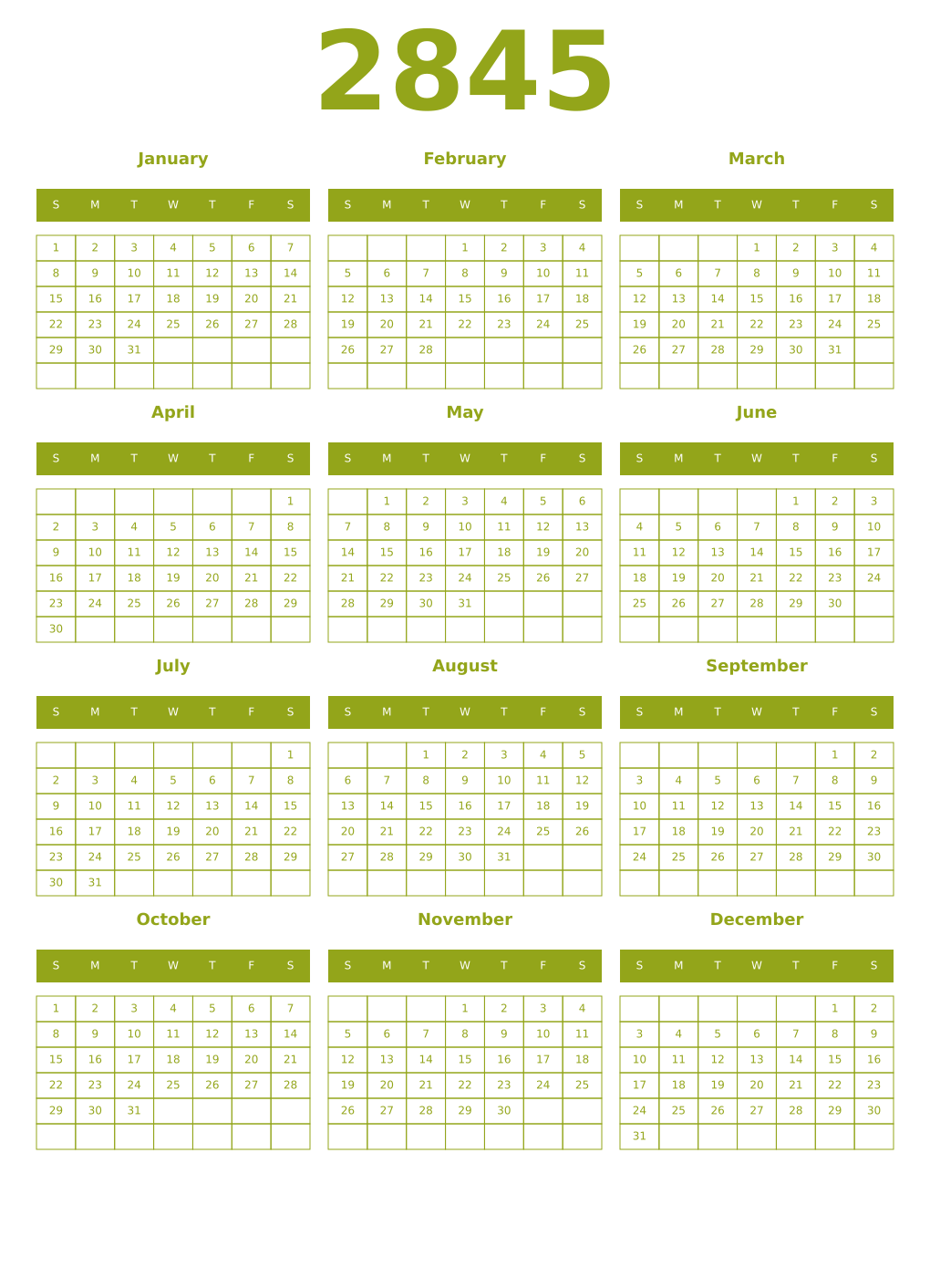 Printable 2845 Year Calendars chartreuse