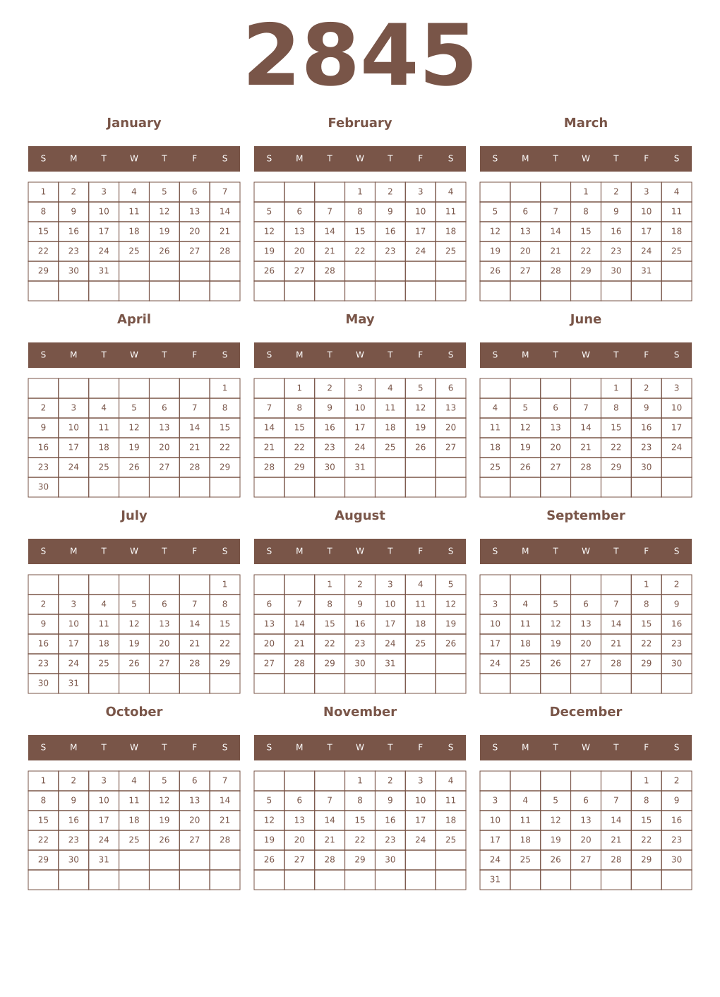 Printable 2845 Year Calendars coffe