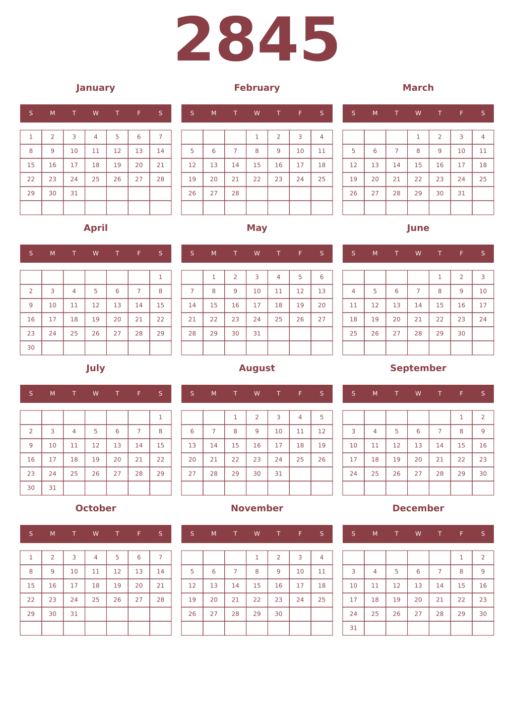 Printable 2845 Year Calendars cordovan