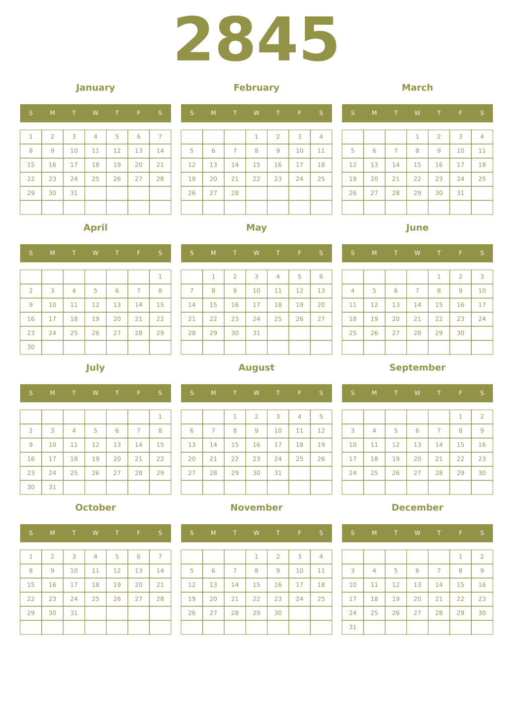 Printable 2845 Year Calendars eburnean