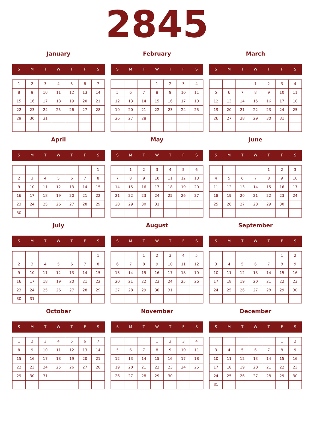 Printable 2845 Year Calendars falu