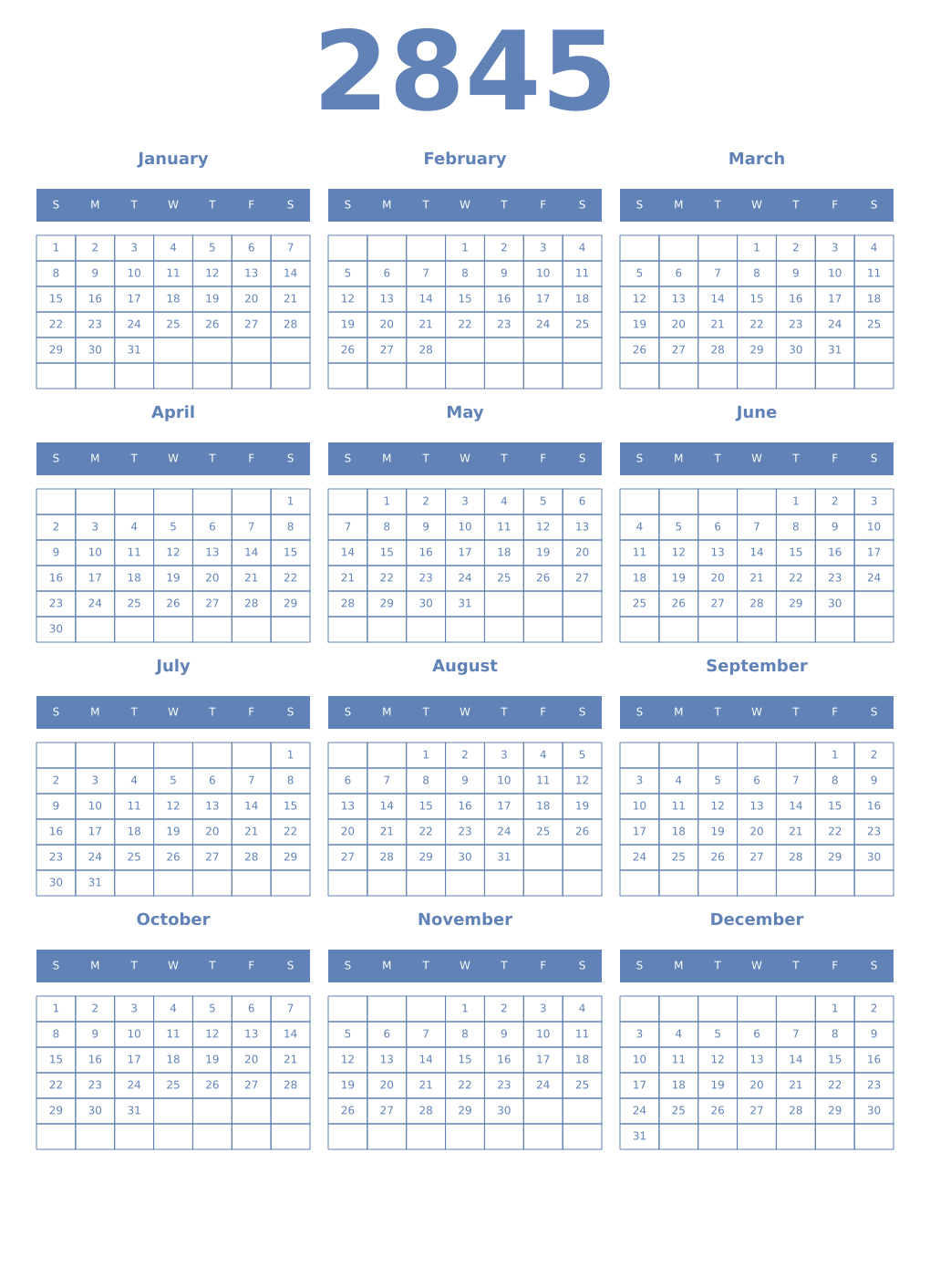 Printable 2845 Year Calendars glaucous