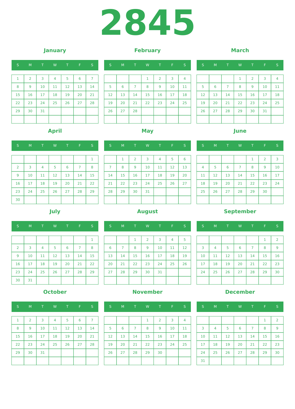 Printable 2845 Year Calendars green