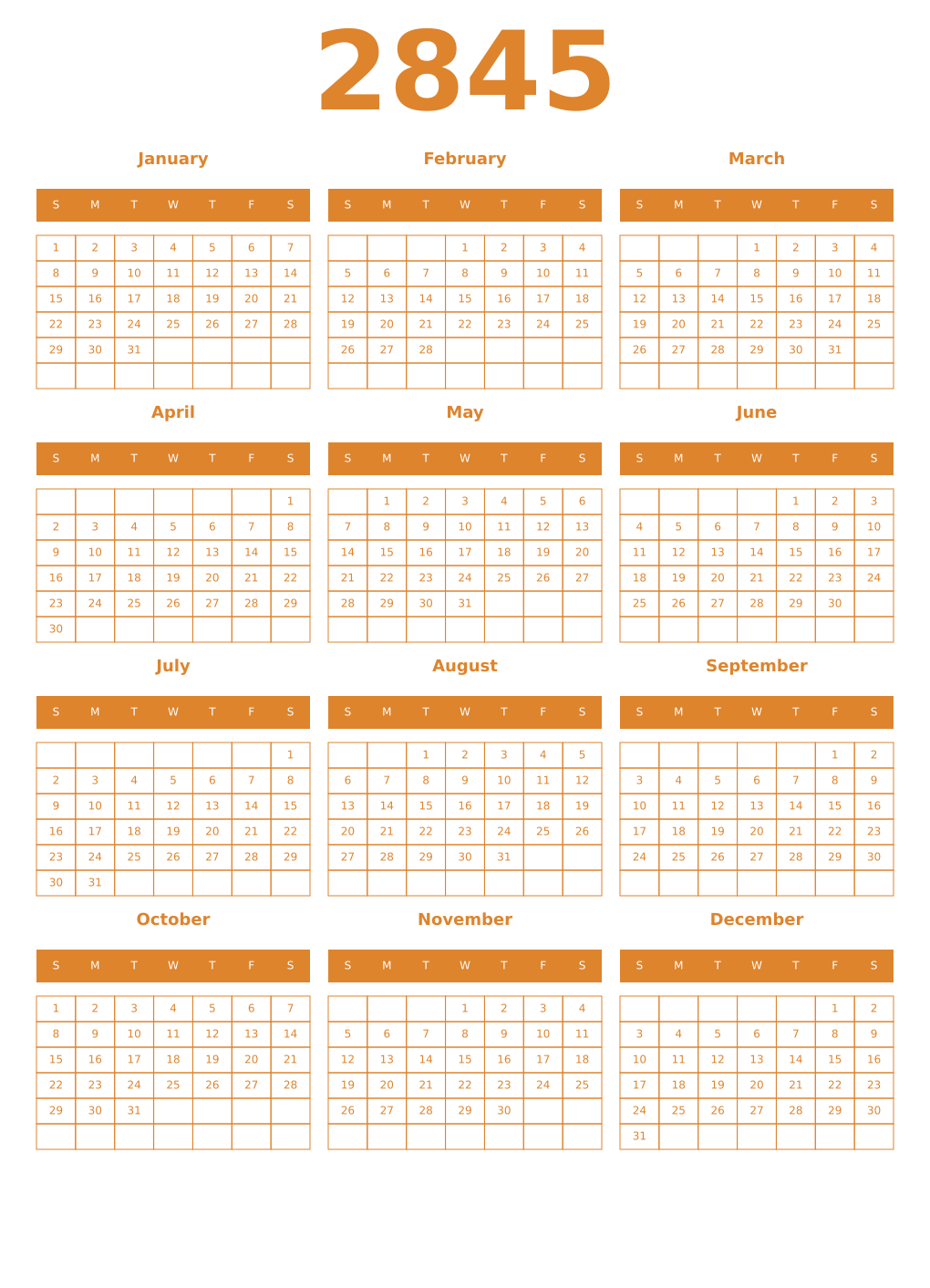 Printable 2845 Year Calendars orange
