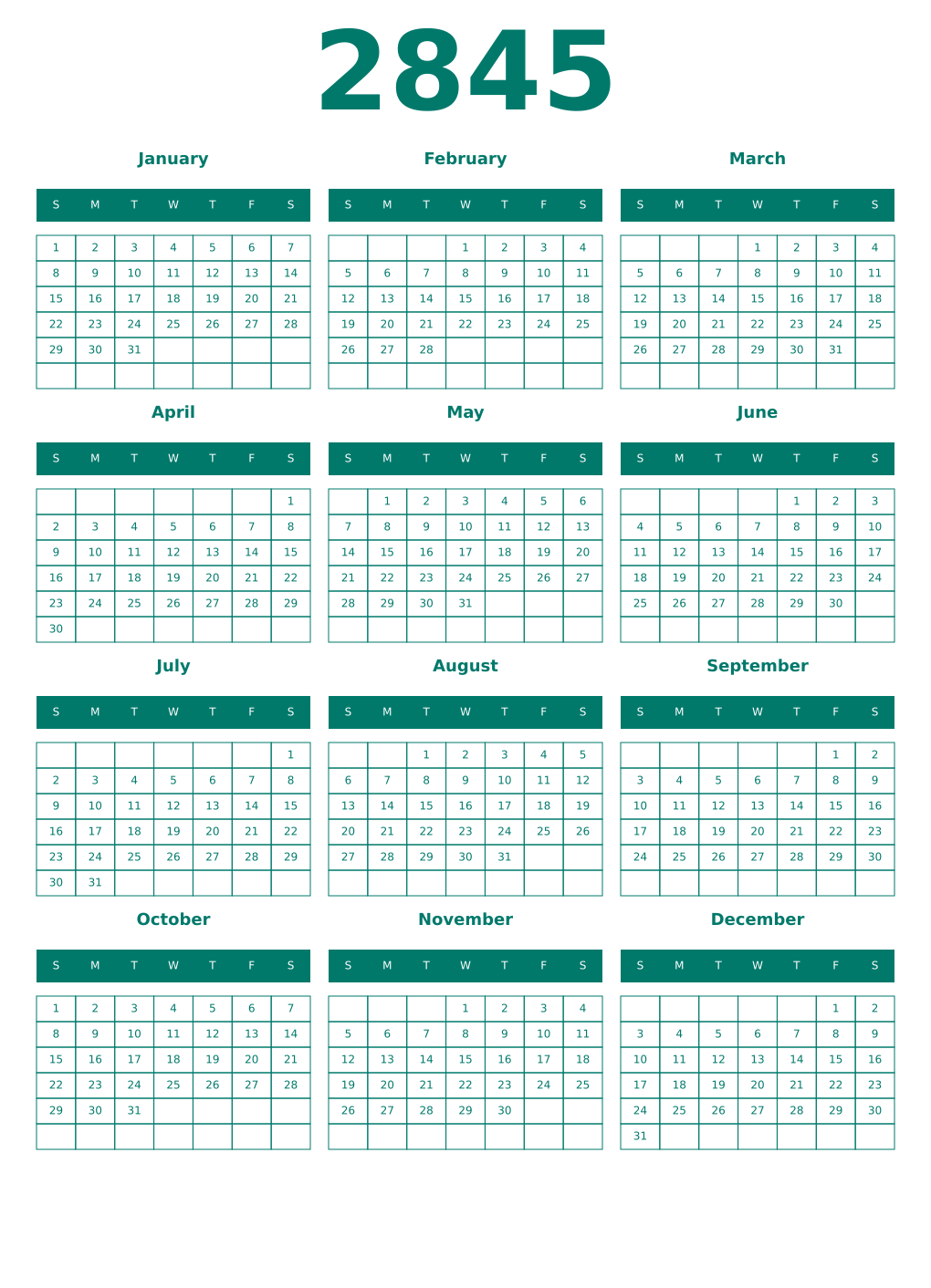 Printable 2845 Year Calendars pastel