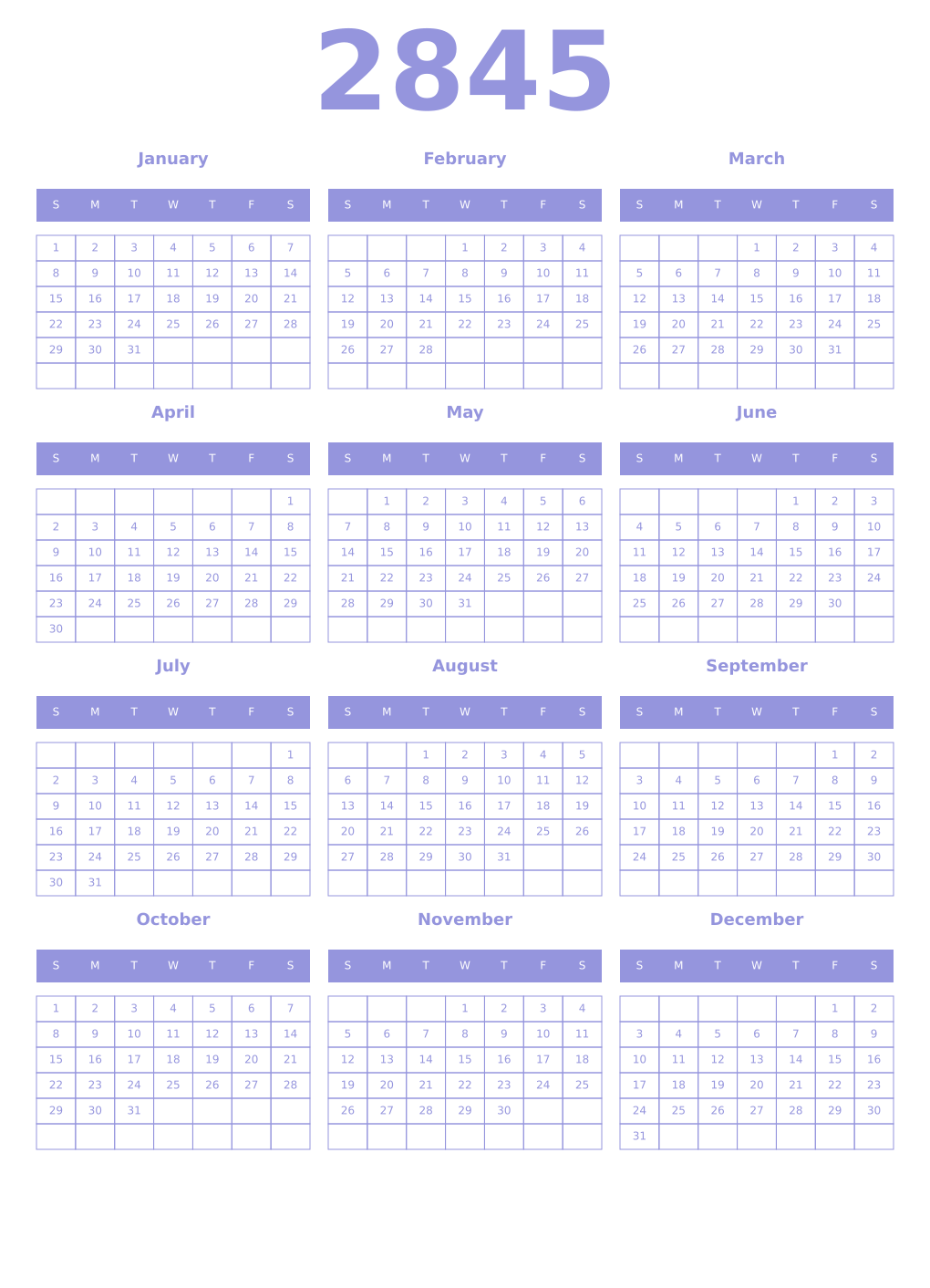 Printable 2845 Year Calendars periwinkle