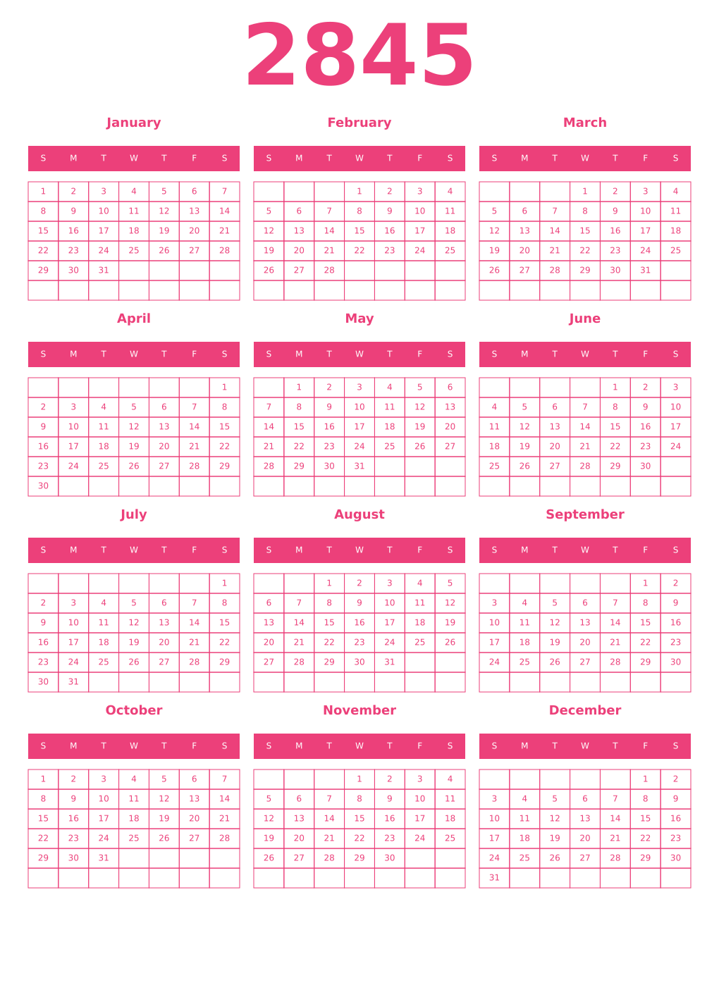 Printable 2845 Year Calendars pink