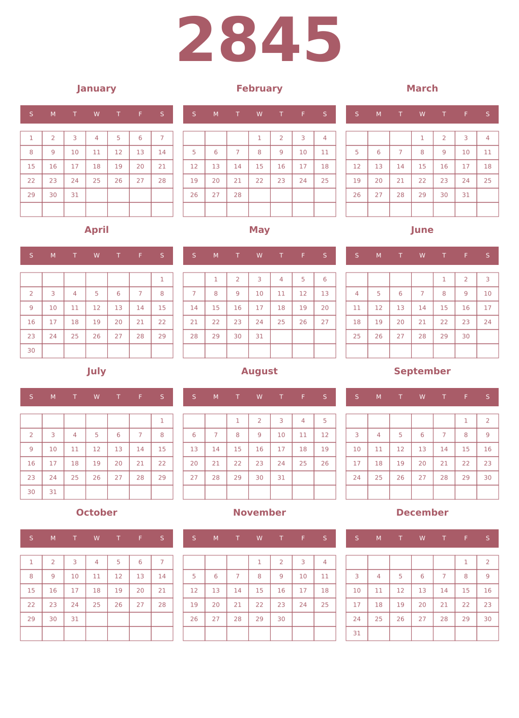 Printable 2845 Year Calendars puce