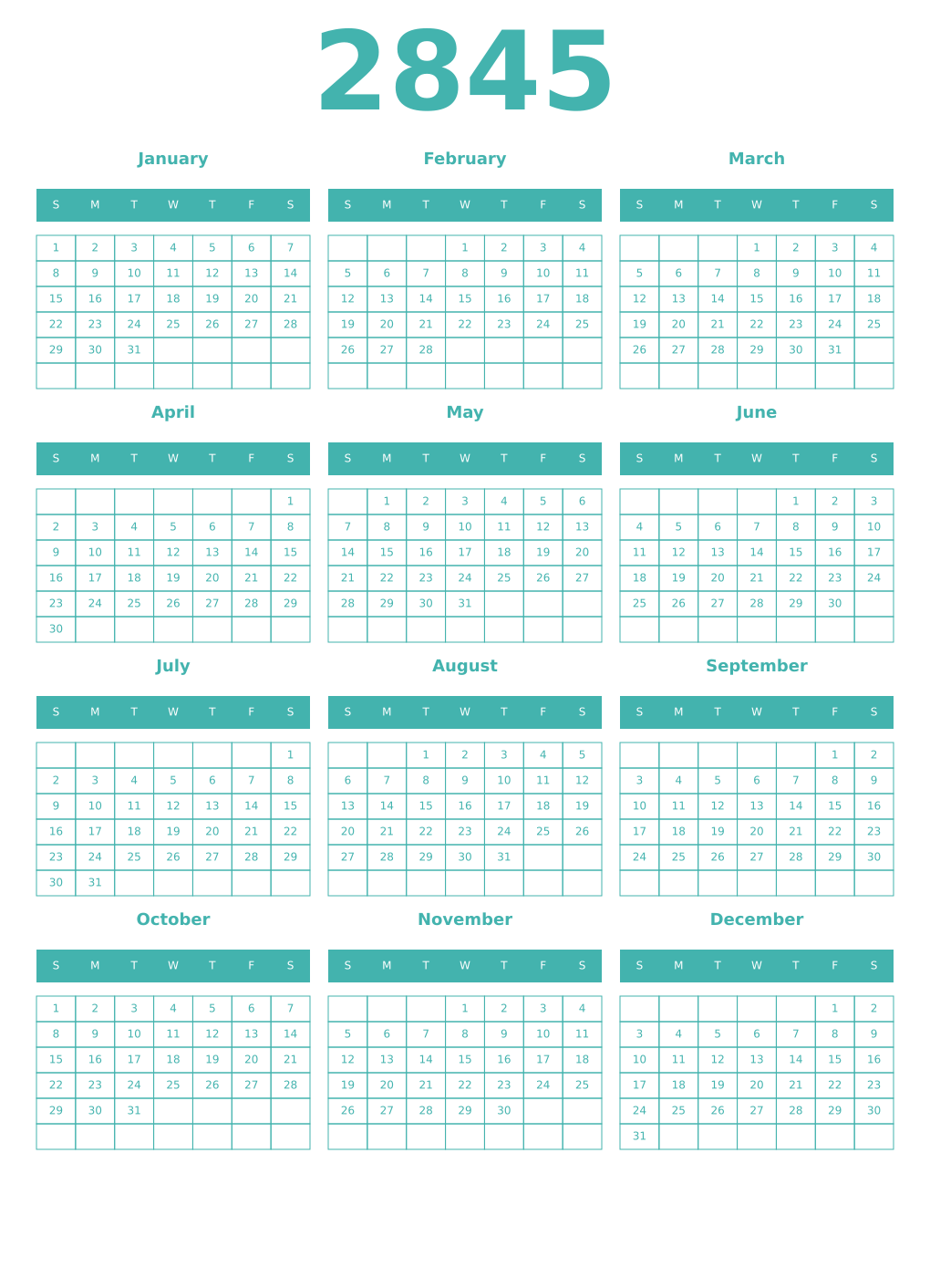 Printable 2845 Year Calendars verdigris