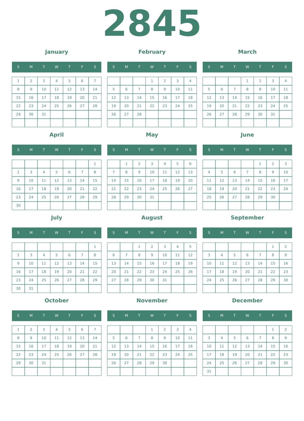 Printable 2845 Year Calendars viridian