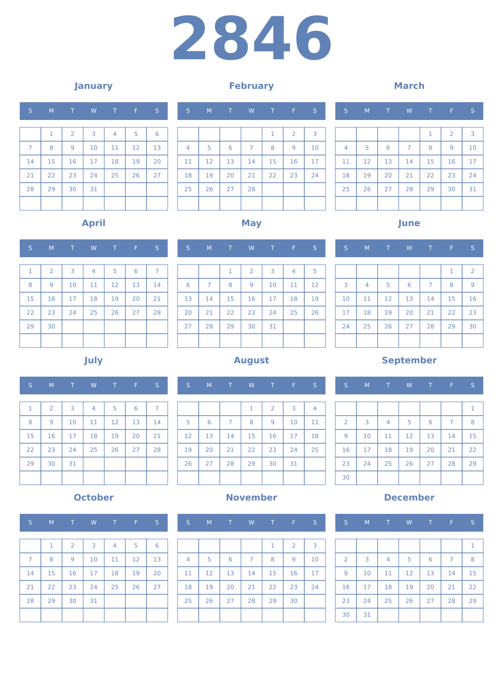 Printable 2846 Year Calendars glaucous