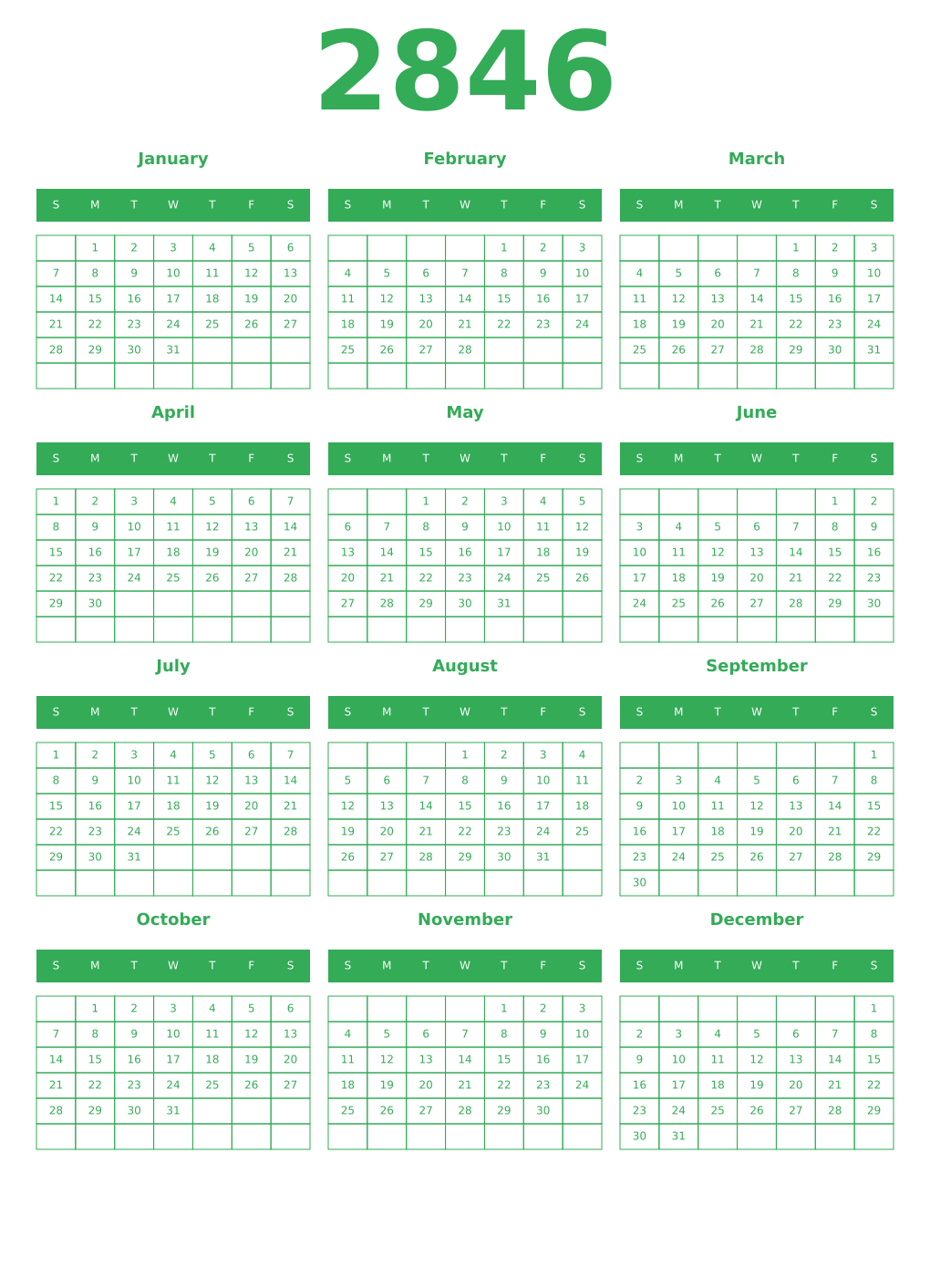 Printable 2846 Year Calendars green