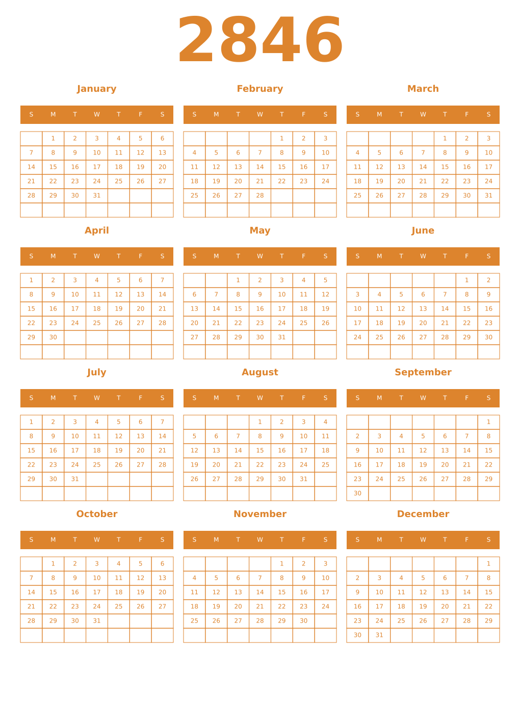 Printable 2846 Year Calendars orange