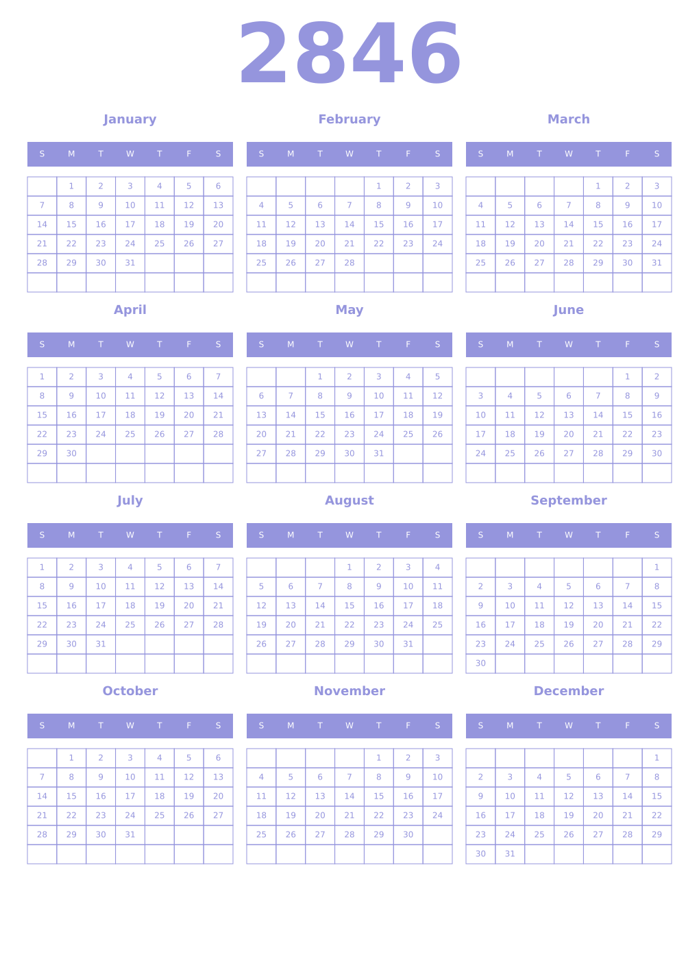 Printable 2846 Year Calendars periwinkle
