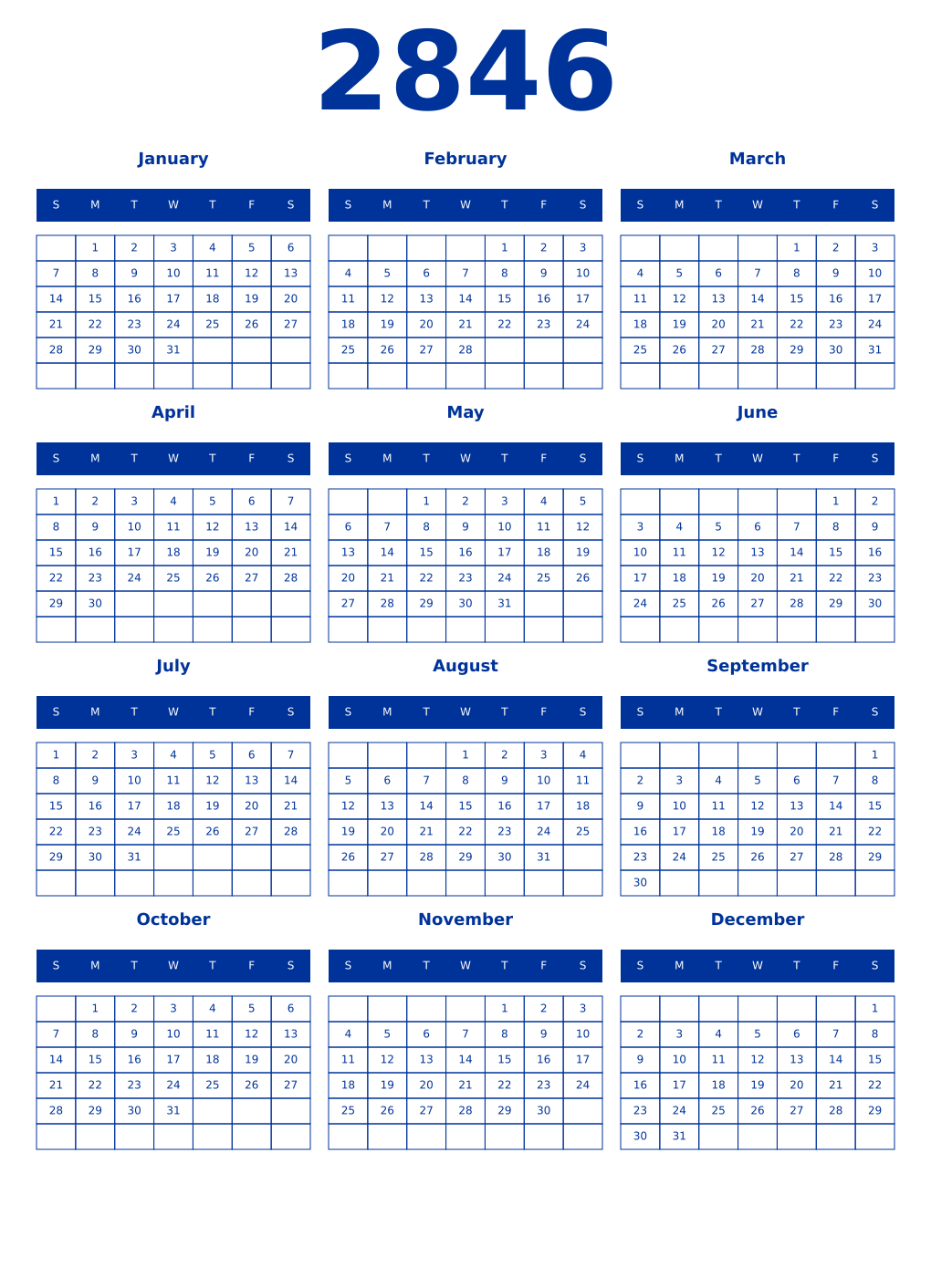 Printable 2846 Year Calendars smalt