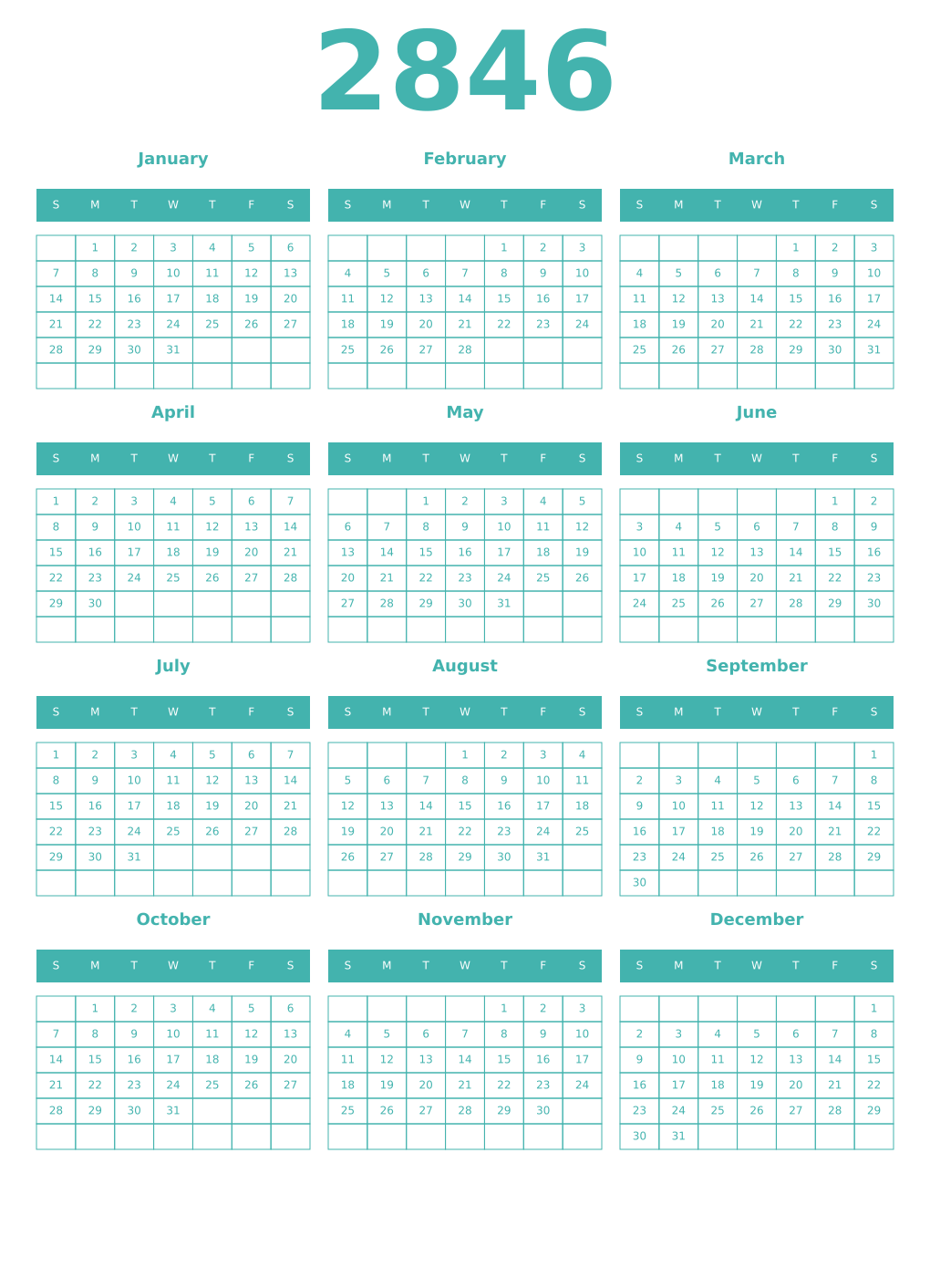 Printable 2846 Year Calendars verdigris