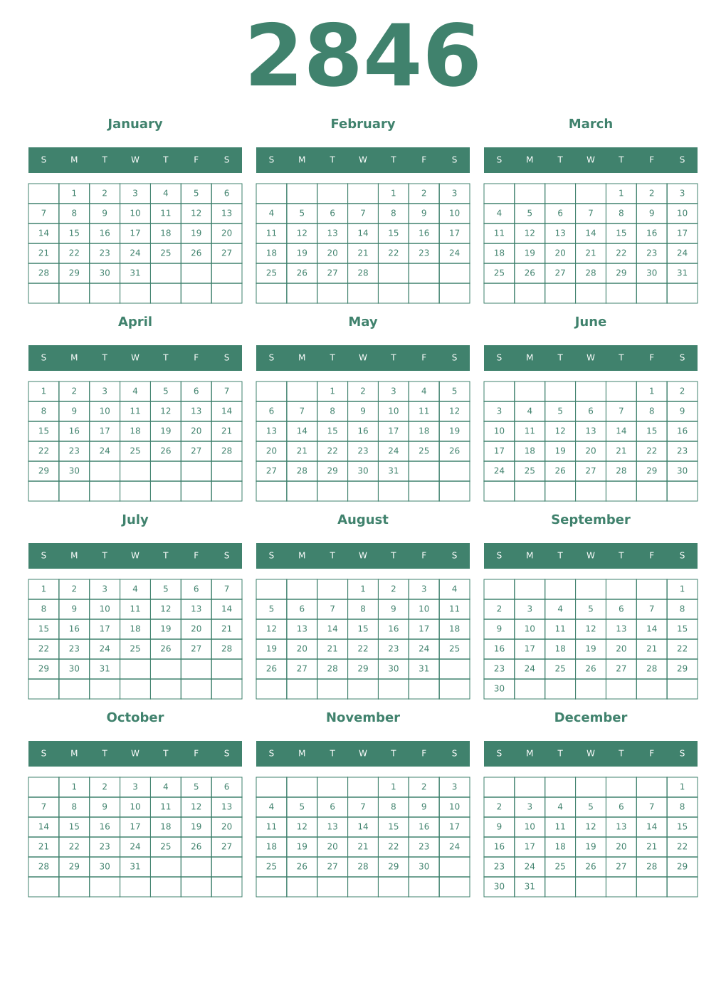 Printable 2846 Year Calendars viridian