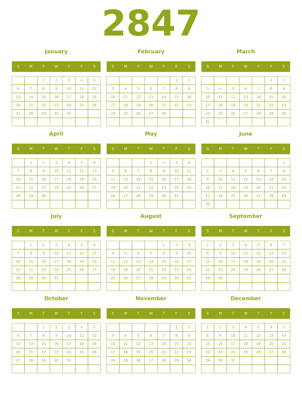 Printable 2847 Year Calendars chartreuse