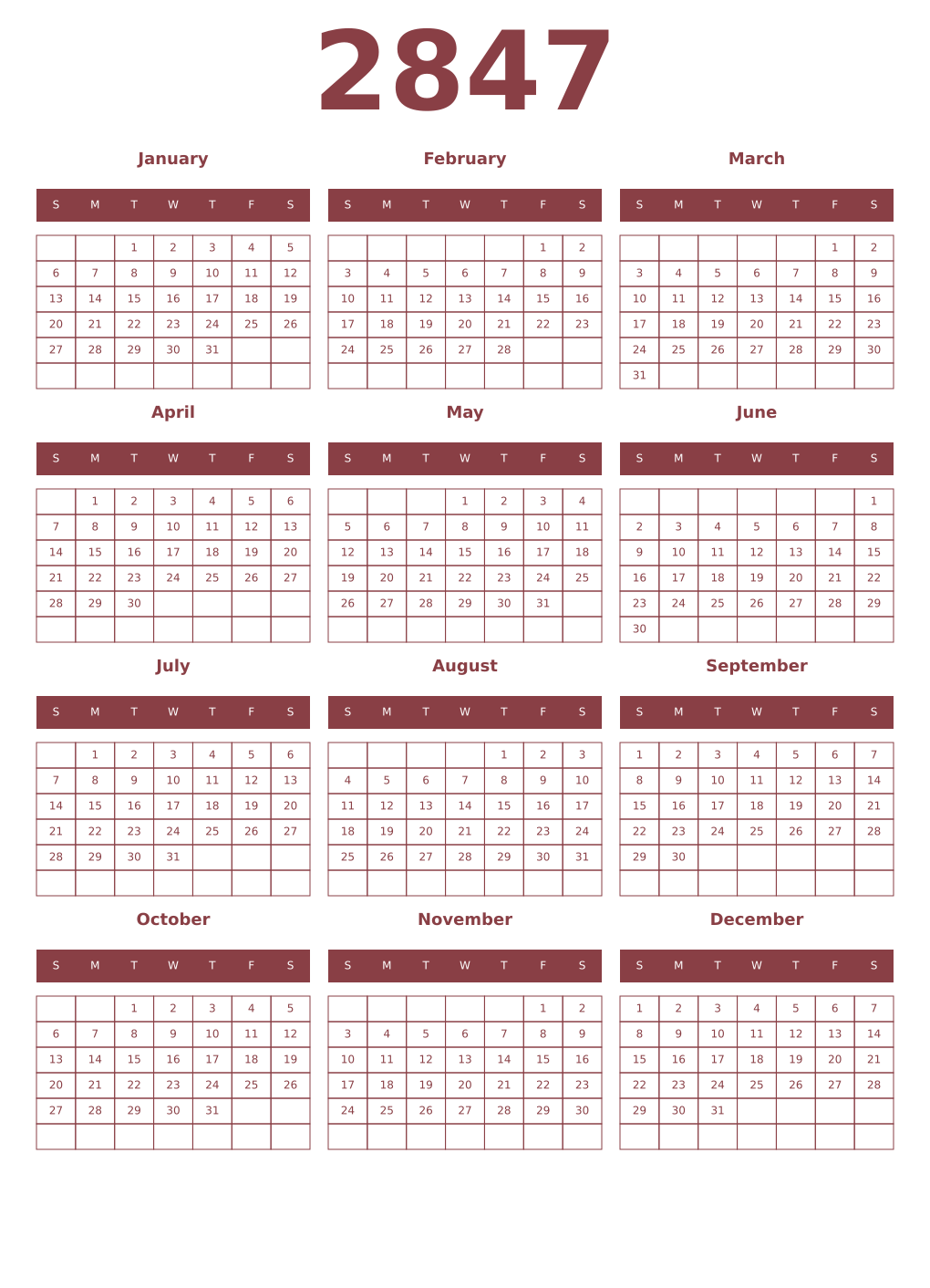 Printable 2847 Year Calendars cordovan