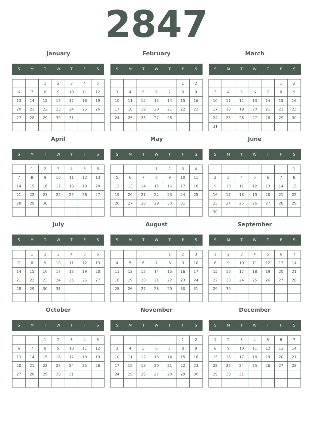 Printable 2847 Year Calendars feldgrau