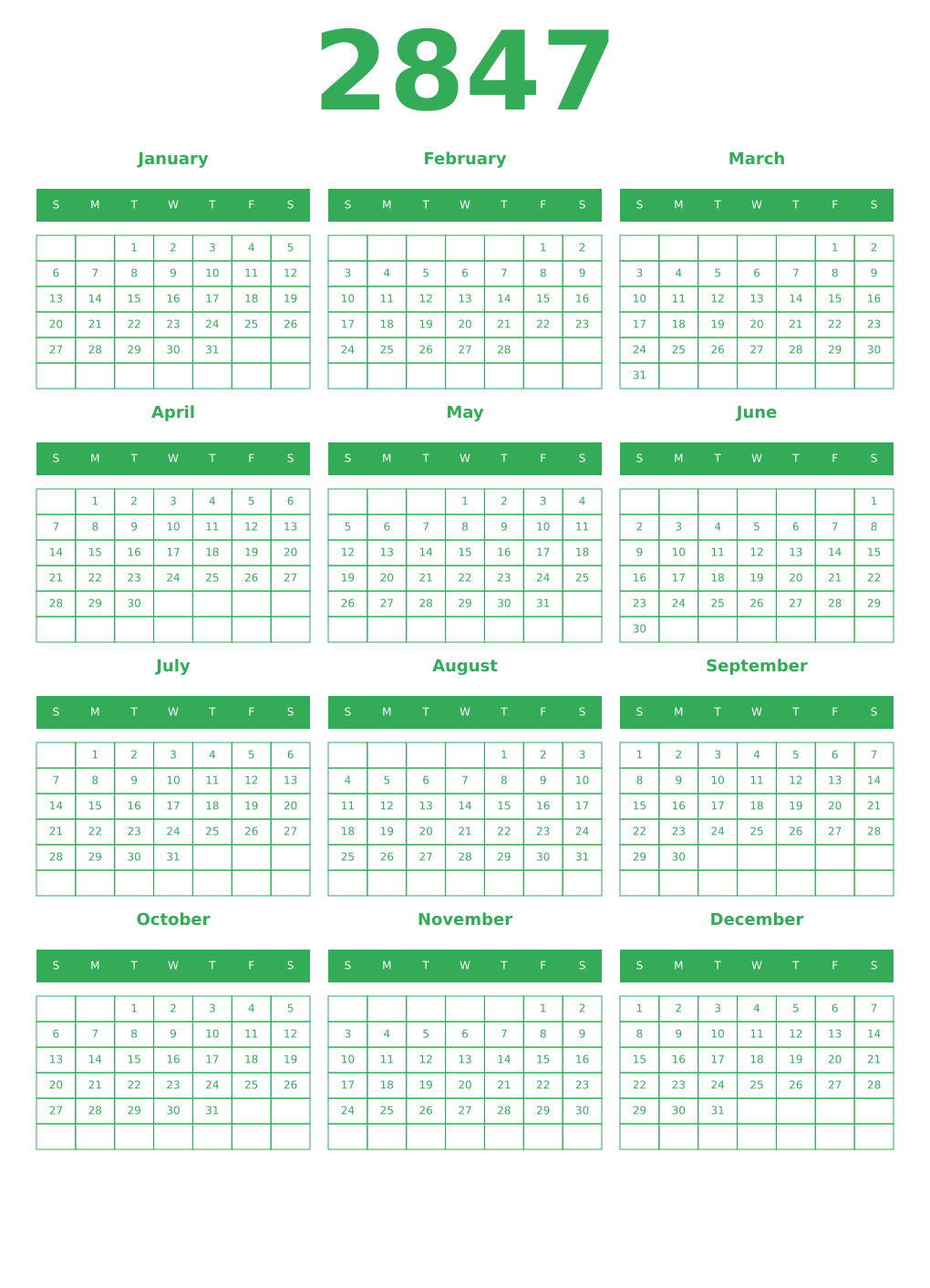 Printable 2847 Year Calendars green