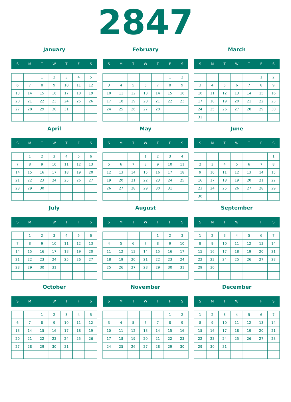 Printable 2847 Year Calendars pastel