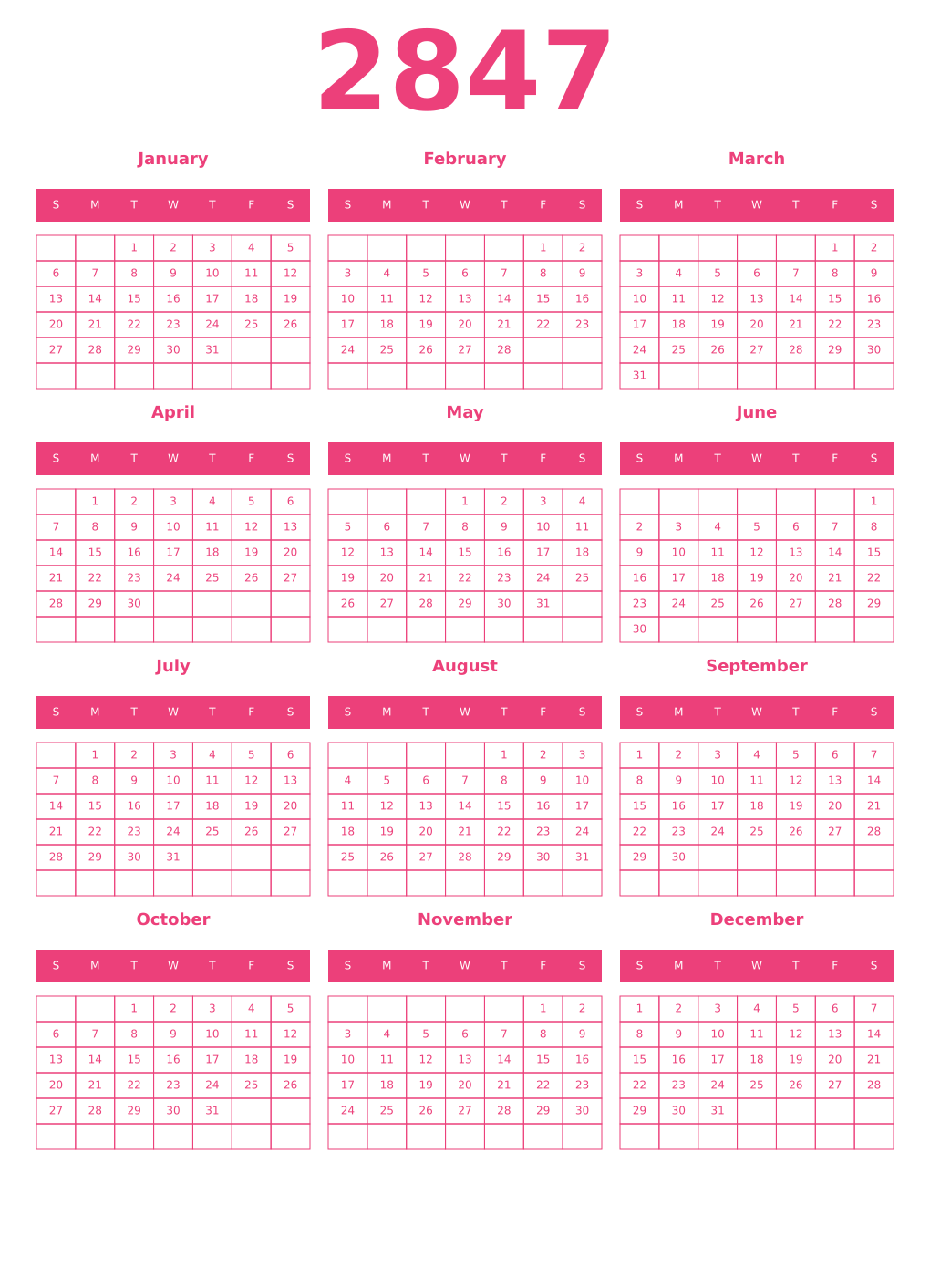 Printable 2847 Year Calendars pink