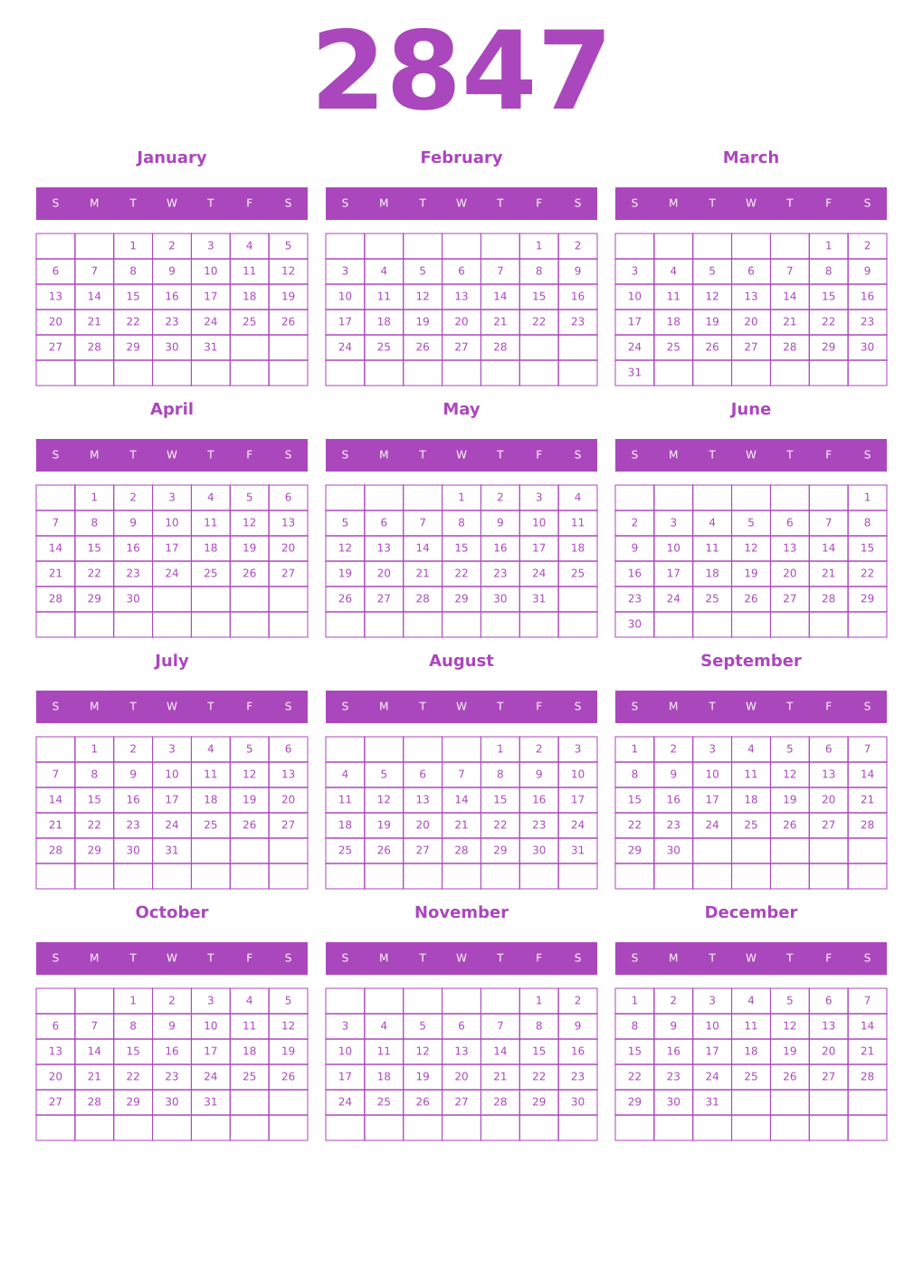 Printable 2847 Year Calendars purple