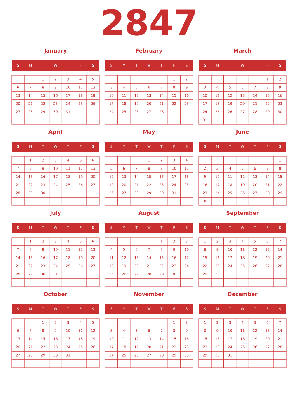 Printable 2847 Year Calendars red