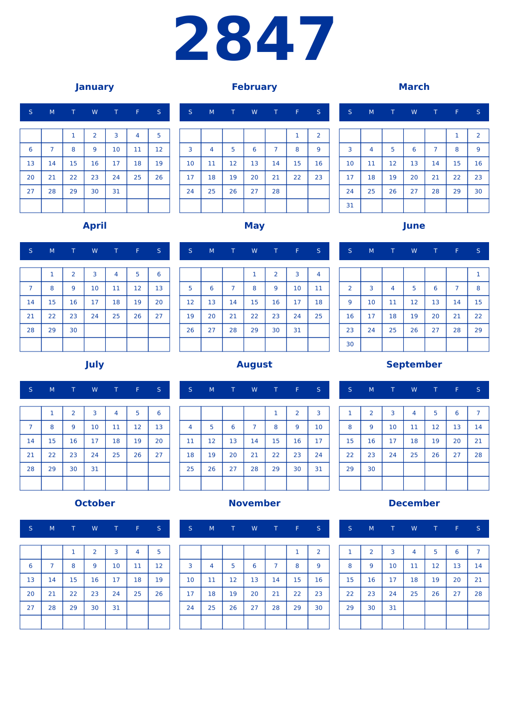 Printable 2847 Year Calendars smalt