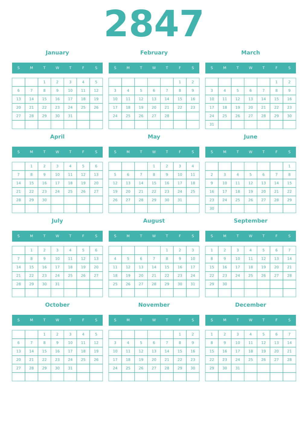 Printable 2847 Year Calendars verdigris