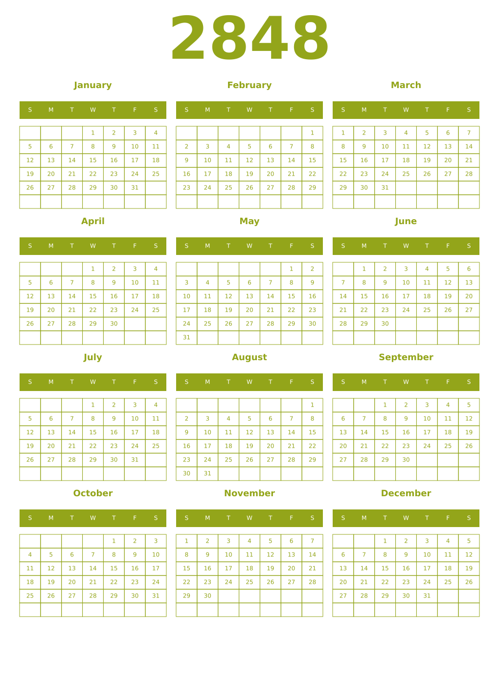 Printable 2848 Year Calendars chartreuse