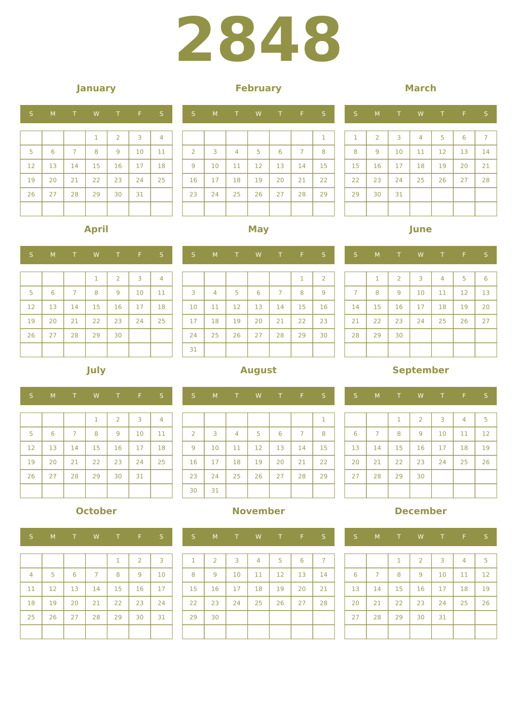 Printable 2848 Year Calendars eburnean