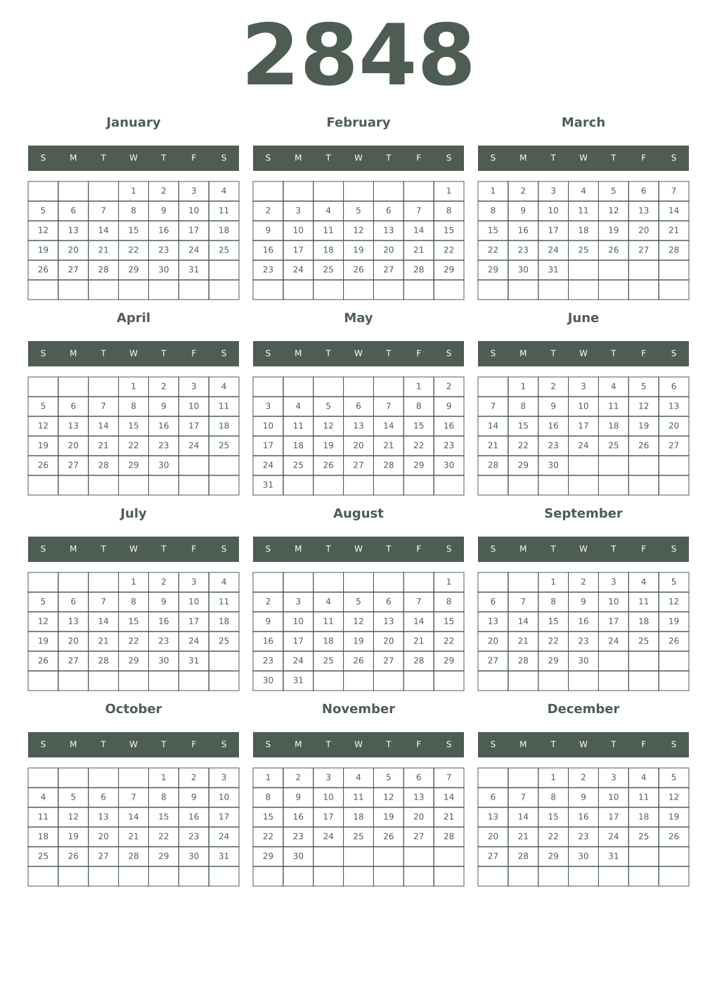 Printable 2848 Year Calendars feldgrau