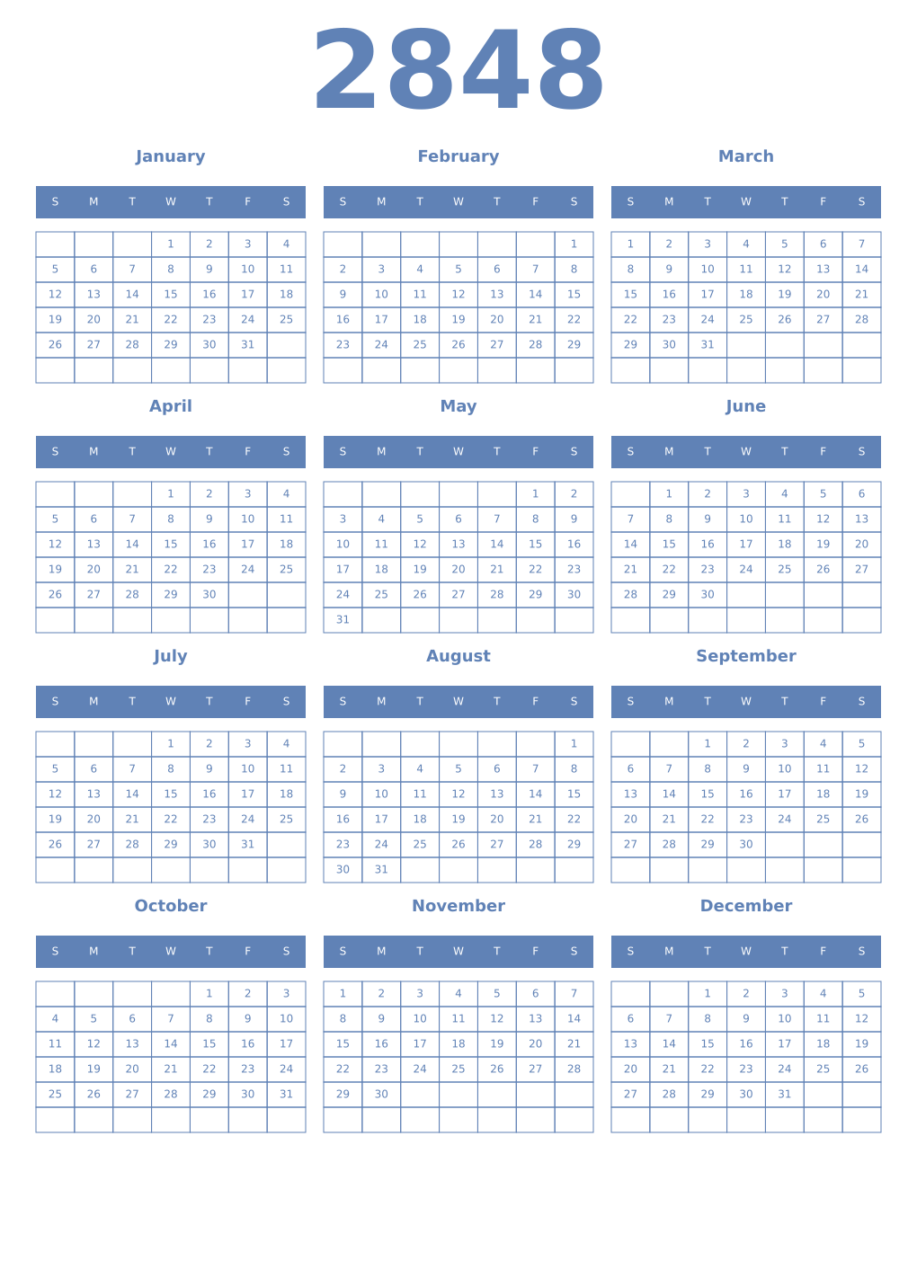 Printable 2848 Year Calendars glaucous